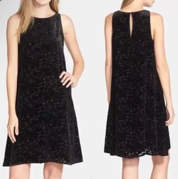 Eileen Fisher Black Velvet Vines Burnout Sleeveless Mini Dress Size M